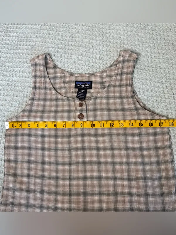 Vintage 90s Patagonia Tank Top Women Medium Organic Cotton Tan Green Plaid Shirt - Image 7