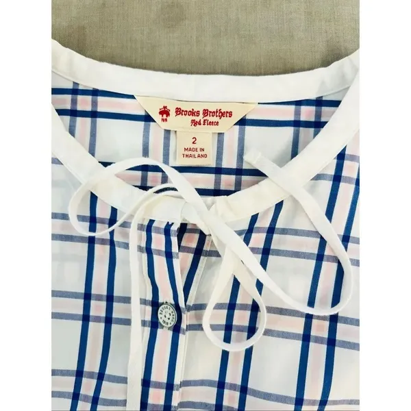 Brooks Brothers Red Fleece Blue White Plaid Sleeveless Tie Neck Blouse Top Sz 2 - Image 7