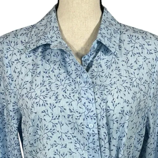 Liz Claiborne Medium Top Floral Button-Up Long Sleeves Lightweight Side Tie Blue - Image 2