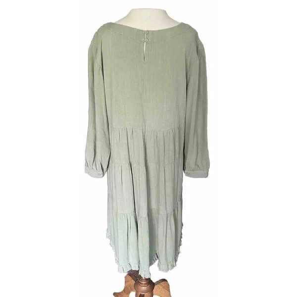 Umgee Tiered‎ Dress Sz MED Sage Green Boho Fringe Peasant Cottage Core - Image 2