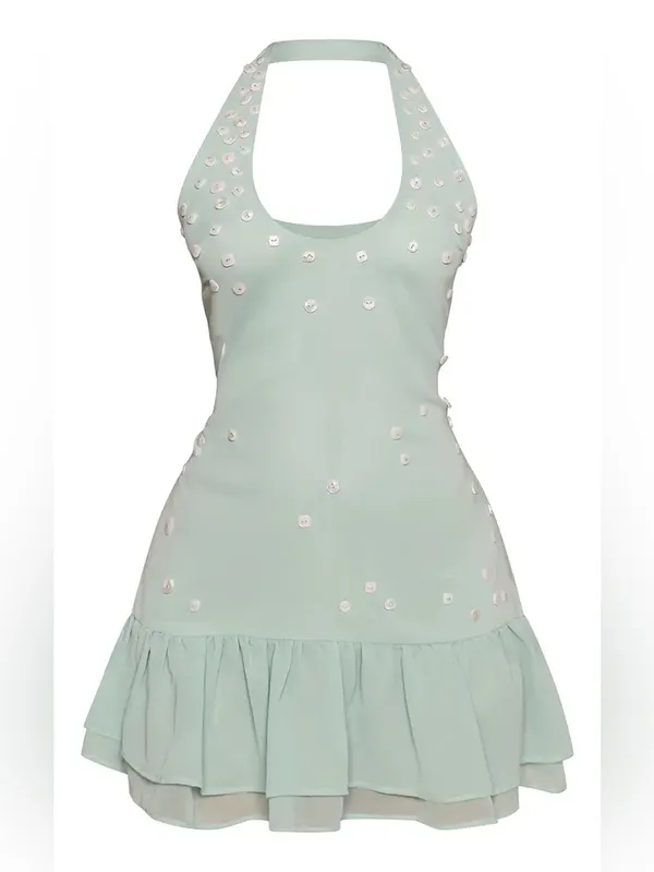PrettyLittleThing PETITE GREEN BUTTON DETAIL FLOWY CHIFFON MINI DRESS Size 6P - Image 3
