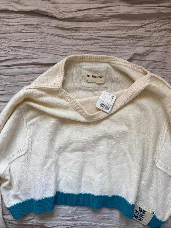 We The Free Cream Cropped Crew Sweater with Teal Trim - Image 2