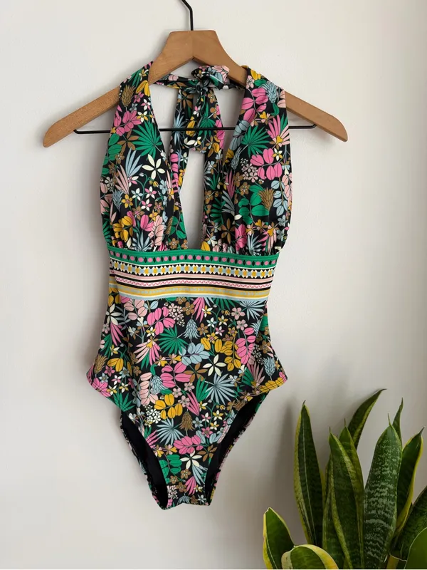 Boden Deep V-Neck One Piece Swim Suit Size 10 Floral Colorful Black Pink Green - Image 2