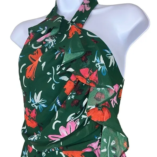 C/MEO Collective Elude Midi Dress Green Floral Front Ruffles‎ Halter Neck XS - Image 4