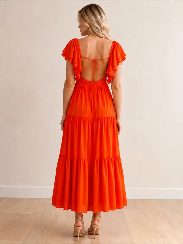 Prómesa Women's Orange Tiered V-Neck Maxi Dress Small - Image 4