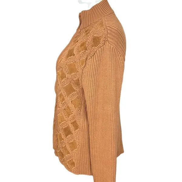 Vintage Y2K Lisa International Sweater Jacket Camel Suede / Crochet Knit XL - Image 3