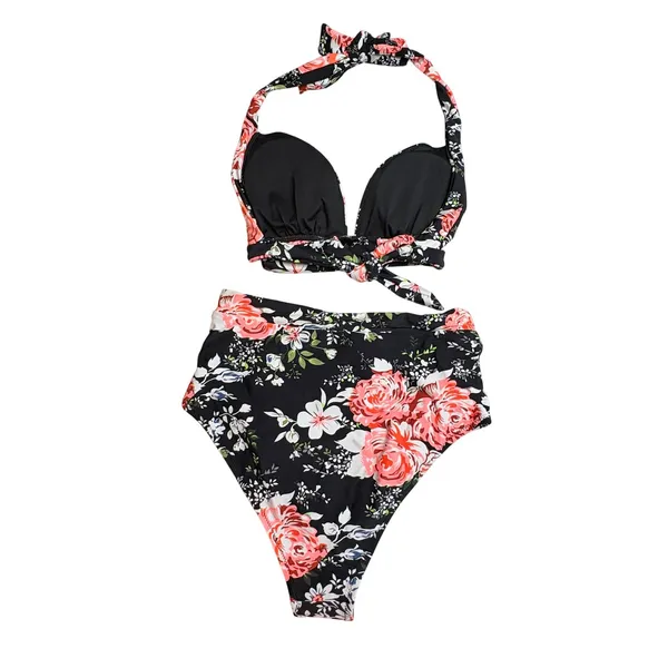 Cupshe Bikini Set Womens Medium Black Floral‎ High Waisted Halter Swimsuit NWT - Image 6