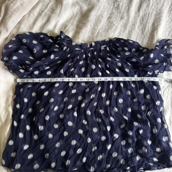 J. Crew Sheer Flowy Smocked Top Ombré Polka Dot Crinkle Chiffon Navy Large Cupro - Image 7