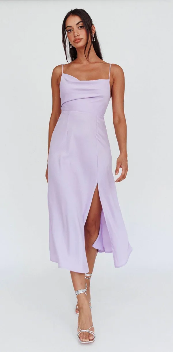 Selfie Leslie Lilac Suki Spaghetti Strap Cowl Neck Front Split Midi Dress - Image 3