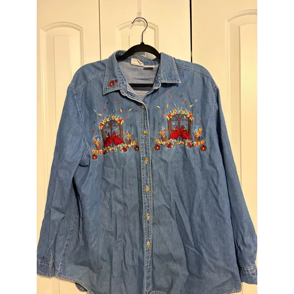 Bobbie Brooks Vintage‎ Denim Shirt Cottagecore Blue Embroidered Cardinal XL - Image 2