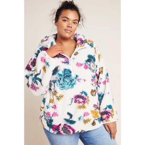 ANTHROPOLOGIE Rosemarie Hooded Sherpa Jacket Teddy Sweater Floral XS - Image 2