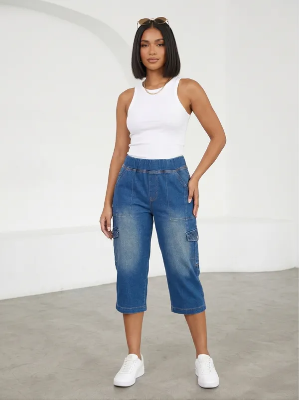 Urban Breeze Indigo Cargo Capris | Street Chic Summer Utility - Image 3