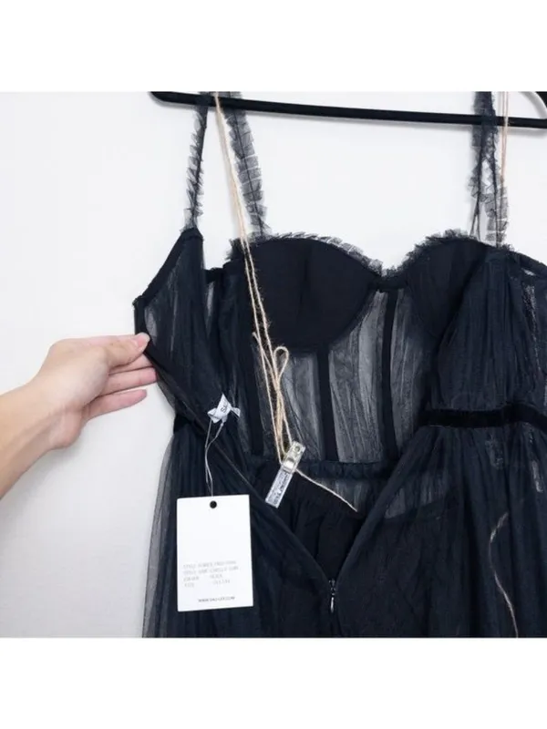 NWT Sau Lee Camille Tulle Ruffle Gown 4 Black Sheer Tiered Bustier Aline - Image 13