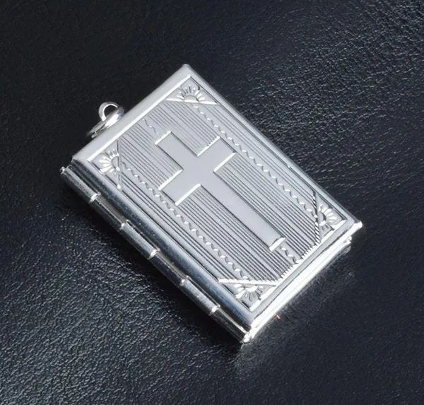 Silver Cross Bible Christian Locket Necklace - Jesus Crucifix, Church, Christ - Image 4