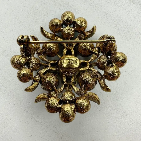 Chico's Faux Turquoise Rhinestone Brooch Pin Antique Gold Tone Signed ✨ - Image 2