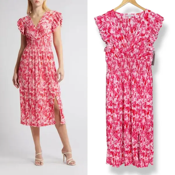 Chelsea28‎ Dress Flutter Sleeve Plissé Midi Dress NWT Pink Red Artful Petals Lrg - Image 2