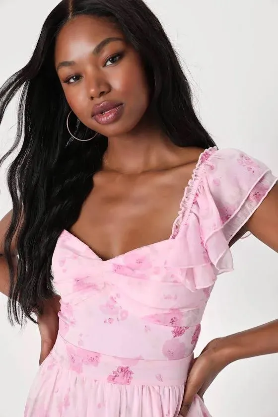NWOT Lulus Loveliest Darling Light Pink Floral Ruffled Tie-Back Midi Dress. Size Medium - Image 2