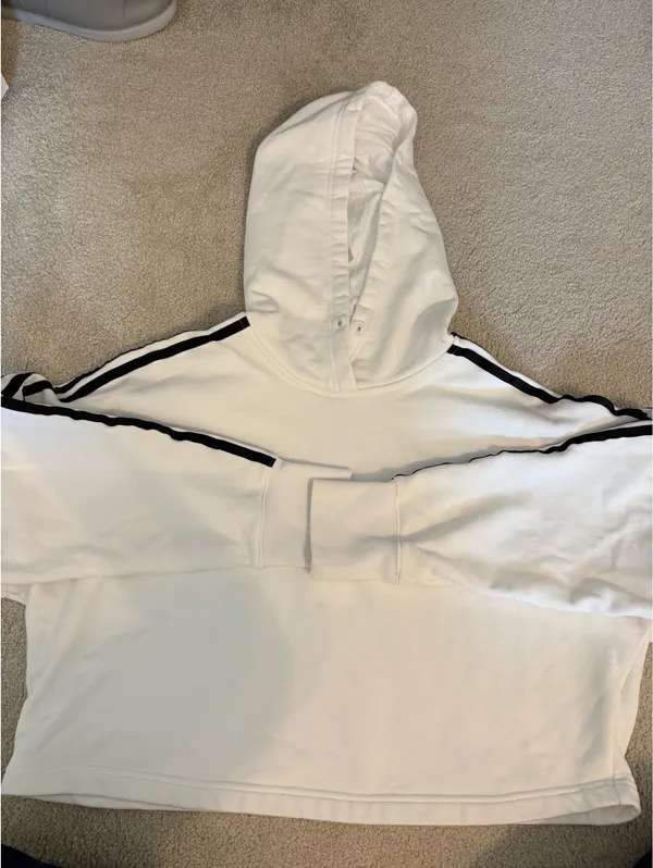 Adidas White Crop Hoodie Women’s Sweatshirt 3 Stripes Embroidered - Image 2