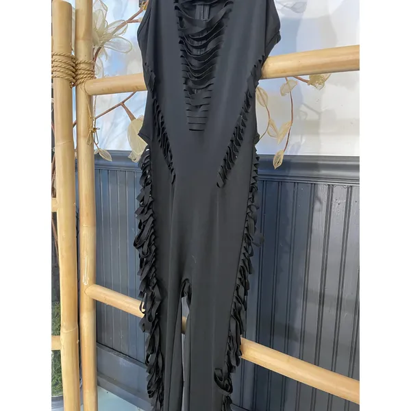 Shane Justin Black Fringe Cutout Bodysuit Runway Catsuit Size M - Image 4
