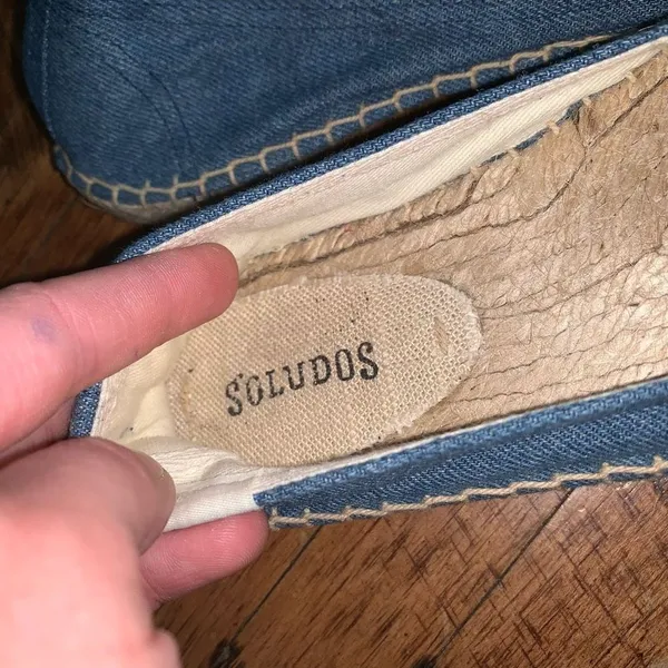 Soludos denim blue embroidered Oui Non raffia slip on shoes - Image 3