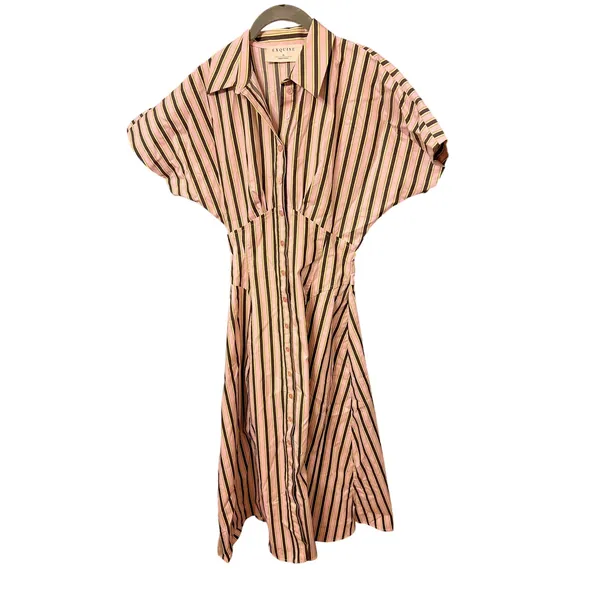 Anthropologie Exquise Raina Short Sleeve Midi Dress Size XS Pink Brown Stripe - Image 4
