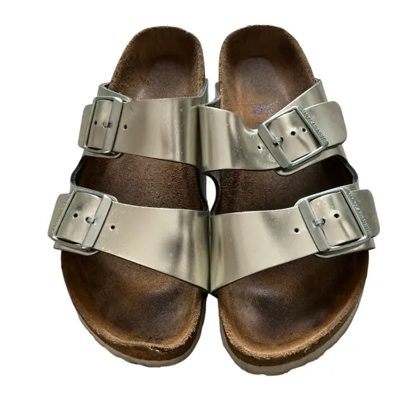 Birkenstock Arizona soft footbed sandals 38 metallic silver leather slides - Image 3