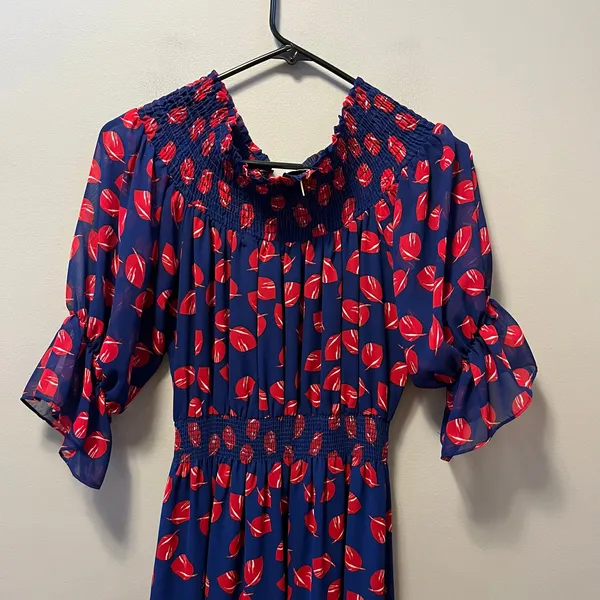 MISA Off Shoulder Midi Dress Blue Red Floral Boho Romantic Cottagecore Flowy‎ MD - Image 6