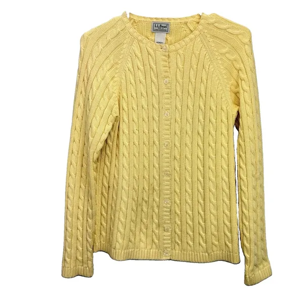 LL Bean Butter Yellow Cable Knit Cotton Button Up Cardigan Sweater Size SMALL - Image 2