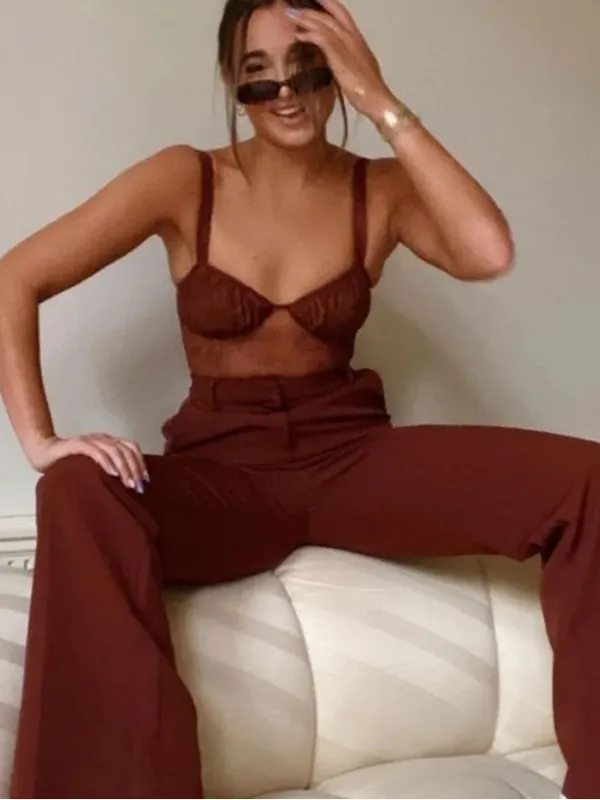 NWT Danielle Bernstein Warm Brown Lace Sheer Structured Bodysuit Top Size 2 - Image 2