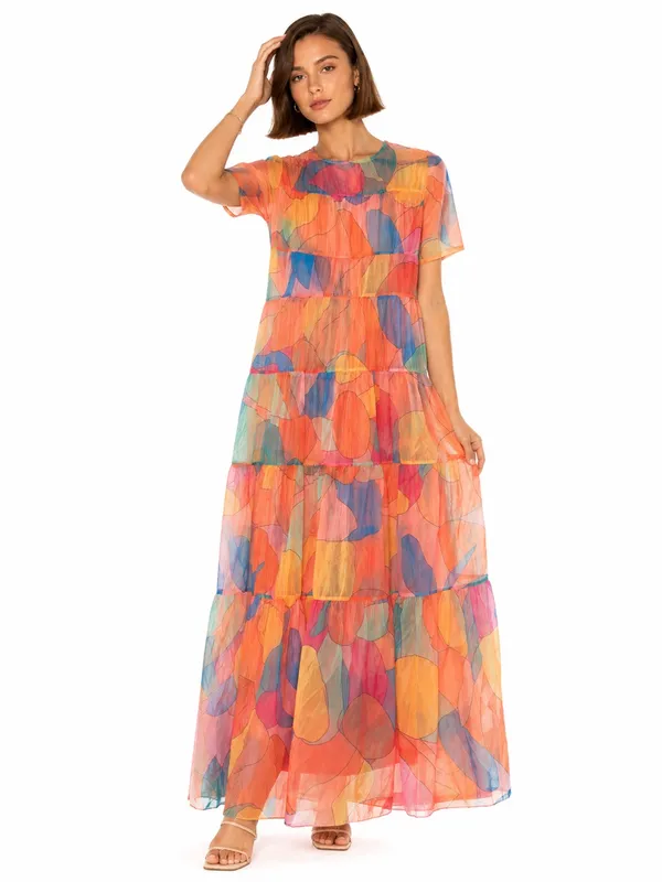 Sheer Multicolor Abstract Print Tiered Maxi Dress Short Sleeve Rainbow Medium - Image 4