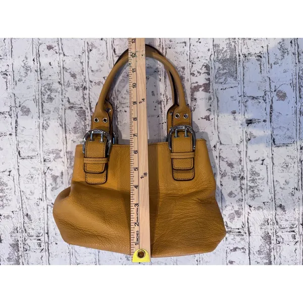 Tignanello Mustard Yellow Pebbled Leather Satchel Buckle Handbag Silver Hardware - Image 4