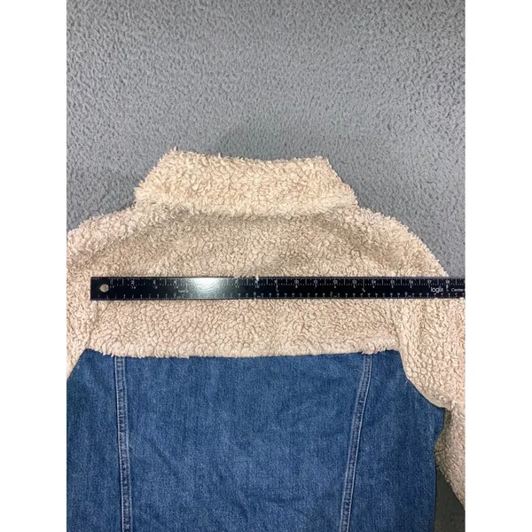 Topshop Denim Jacket Womens 6 Small Blue Cream Borg Fleece Mixed Media Trucker - Image 15