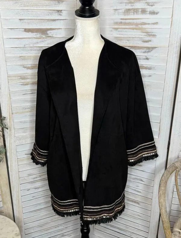ZARA Women's L Combination Faux Suede Embroidered Jacket Boho Western Black - Image 3