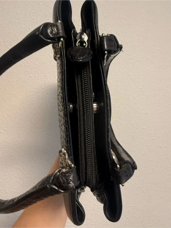 Vintage Brighton Chantilly Black Leather Croc Satchel Bag Filigree Heart - Image 5