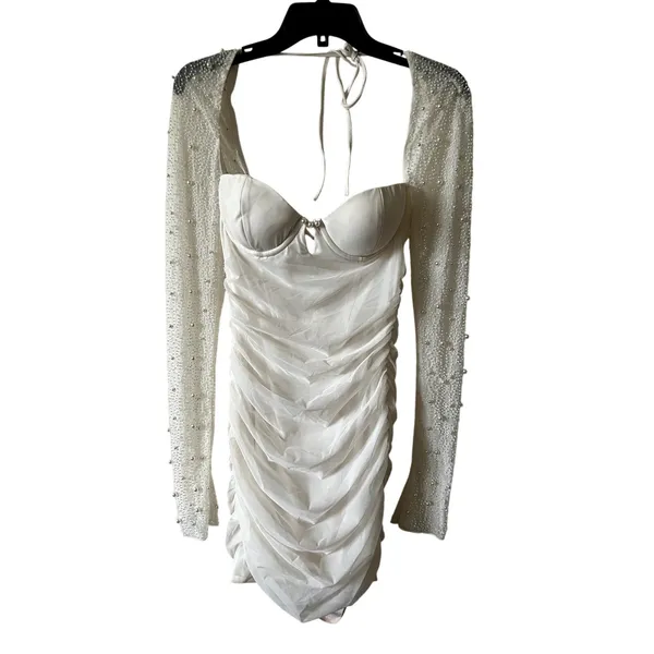 Oh Polly St Germain Embellished Long-Sleeve Mini Dress in Snow White size 4 New - Image 4