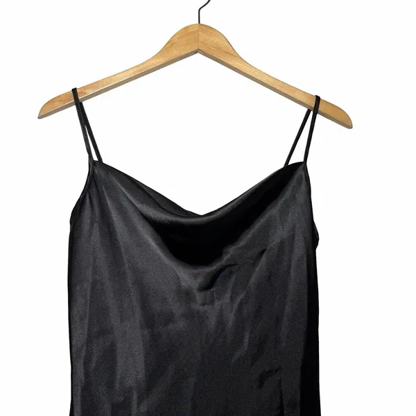 Y2K bebe Black Satin Slip Dress M Cowl Neck Mini Going Out Made USA Minimalist - Image 4