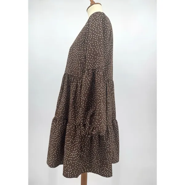 Baby Doll Polka Dot Tiered Midi Dress Brown Cream Balloon Sleeves Boho Western S - Image 4