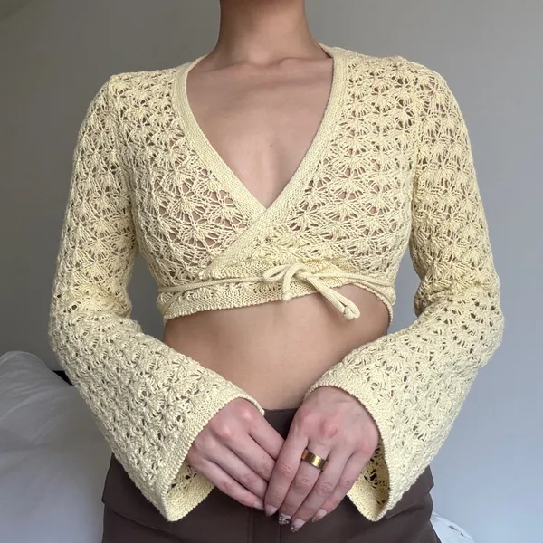 Stradivarius open crochet knit bolero bell long sleeve coverup top - Image 7