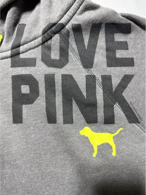 PINK Victoria's Secret Gray Zip Hoodie Neon Yellow Logo Size - Image 3