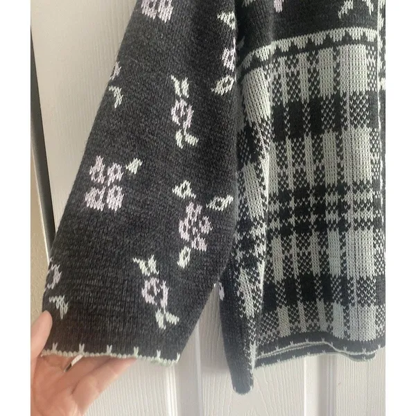 Arielle Vintage Floral Plaid Sweater Womens Size Large Gray Knit Y2K USA - Image 5