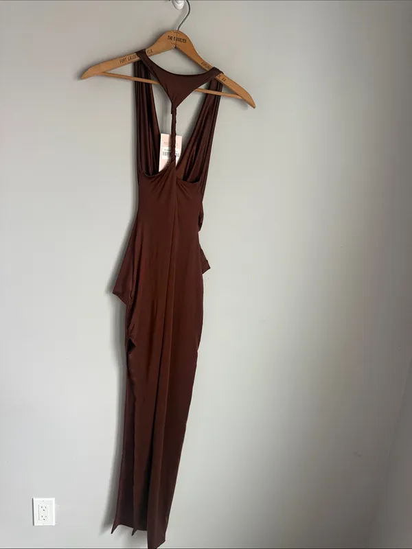 NEW Oh Polly Multiwear Cowl Neck Wrap Over Evening Gown in Chocolate Brown 4 - Image 3