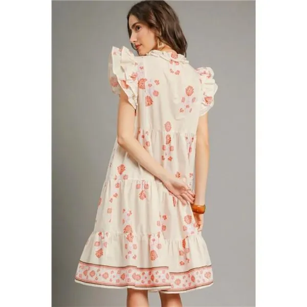 Umgee Printed Tie Neck‎ Ruffle Cap Sleeve Dress - Image 4