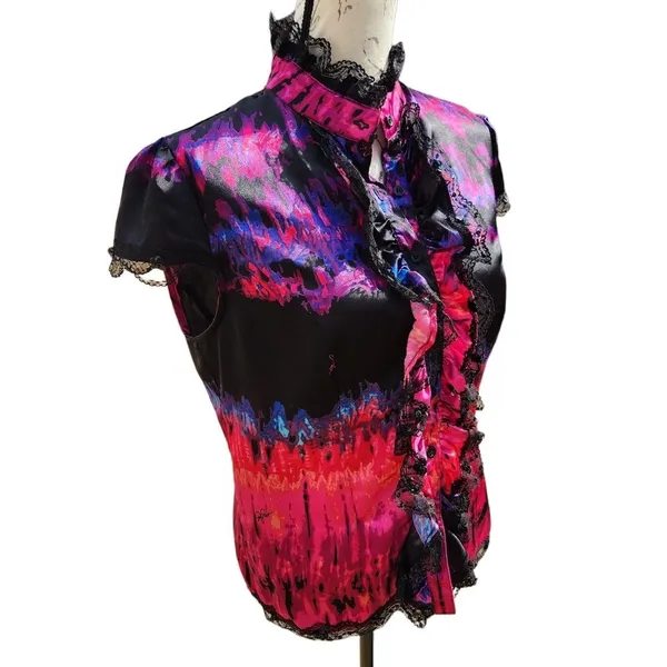 Baby Phat -257 Y2K satin like lace and sequin blouse hot pink and‎ black Large - Image 2