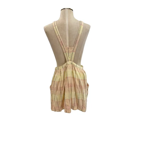Free People Plaid Breeze Suspender Mini Skirt‎ Dress Yellow Linen Blend Size 4 - Image 9
