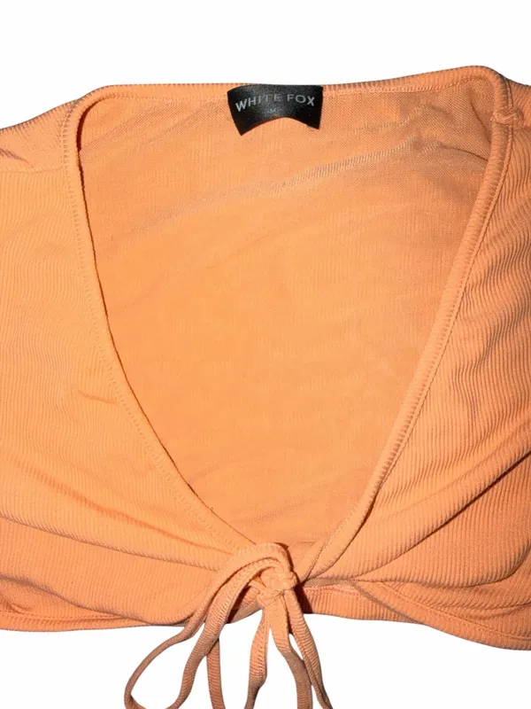 White Fox Boutique “My Mind’s Set” Ribbed Tie-Front Crop Top – Peach / Apricot - Image 2