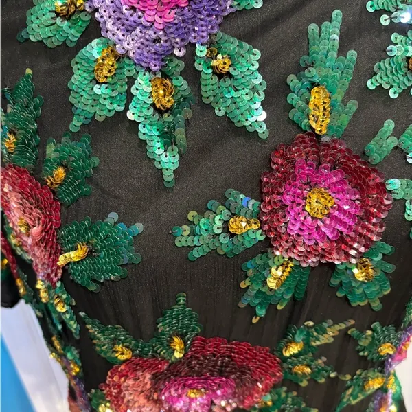 Vintage Laurence Kazar 80s floral beaded sequined silk top black sz XL L - Image 3