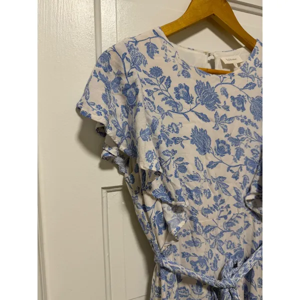 Bohme Blue‎ Floral Toile Ruffle Midi Dress Tie Waist Small - Image 4