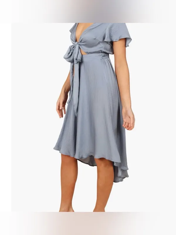 Petal & Pup Amanda High-Low Satin Tie-Front Dress - Dusty Blue Size 8 EUC - Image 2