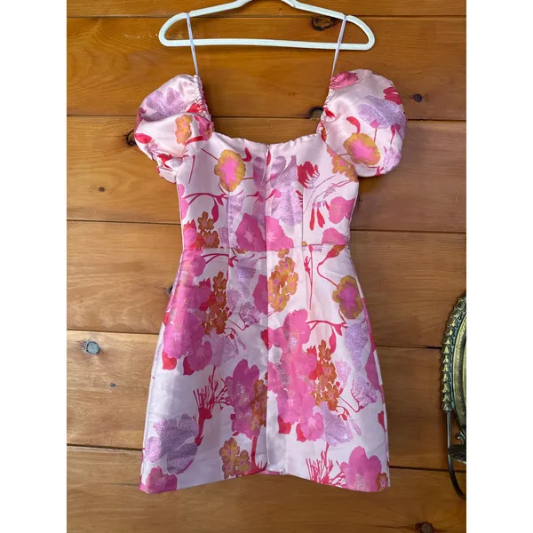 NWOT Lulus So Stunning Orange Multi Floral Jacquard Puff Sleeve Mini Dress Sz XS - Image 5