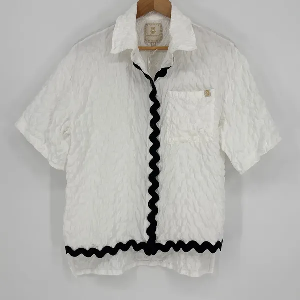 Simply Southern White Seersucker Pajama Set Short Sleeve Black Trim‎ Small NWT - Image 4
